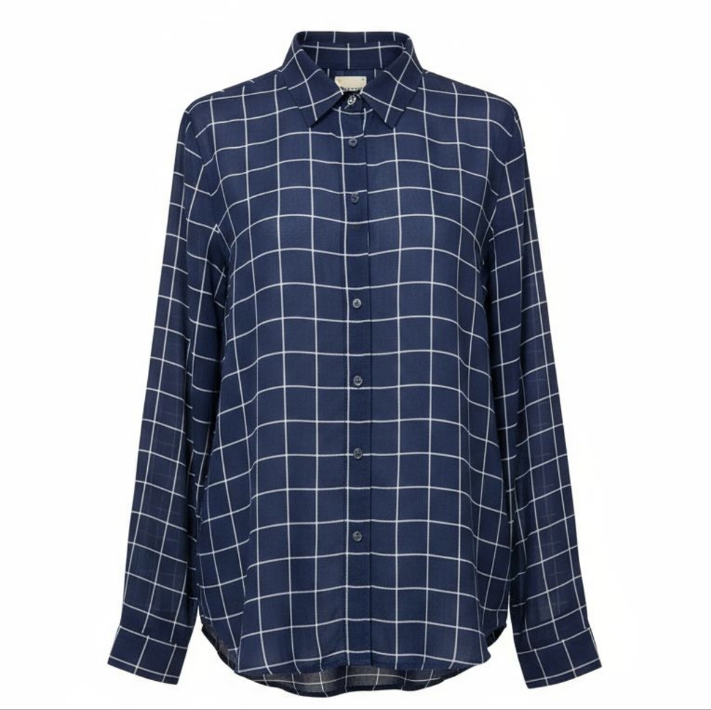 GH Bass Co Women's Navy Blue Plaid Button Up Shirt Long Sleeve Collared Size XL